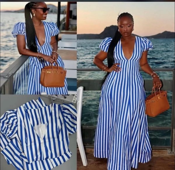 V Neck Short Sleeves Striped Dress