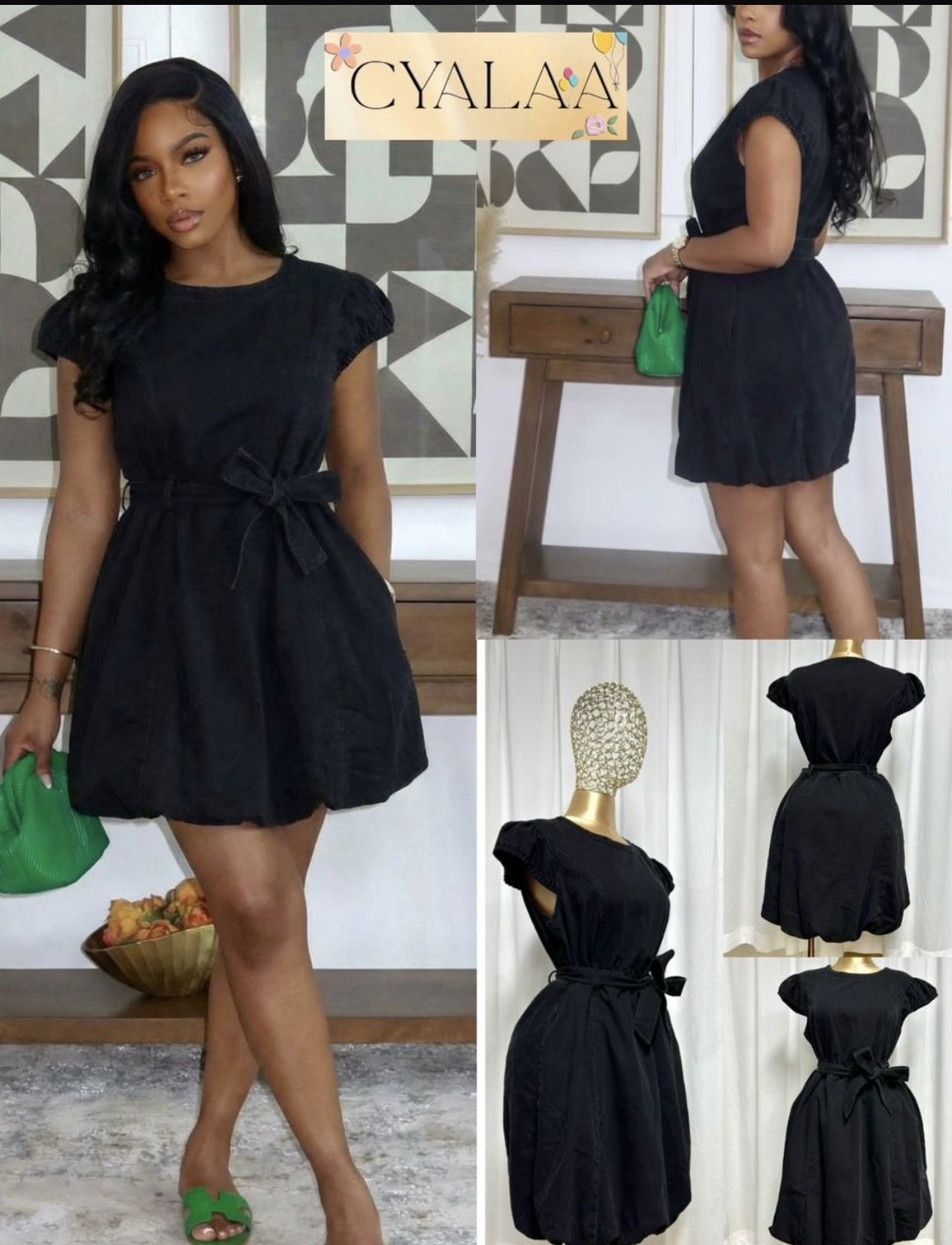 Black Denim Bubble Hem Mini Dress