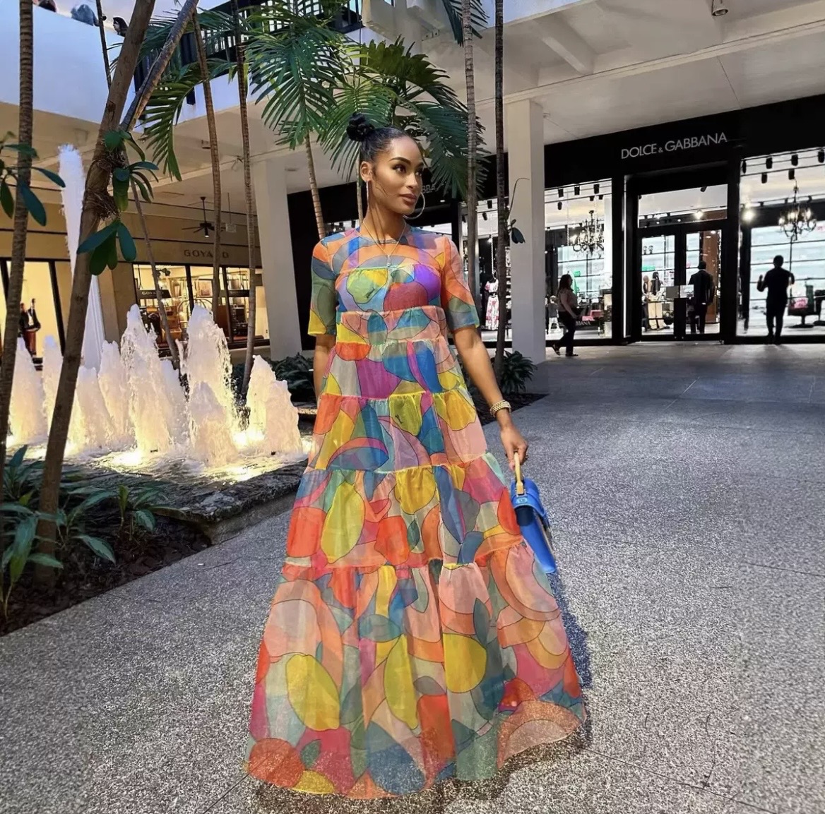 Multicolour see through Abstract Print Tiered Maxi Dress