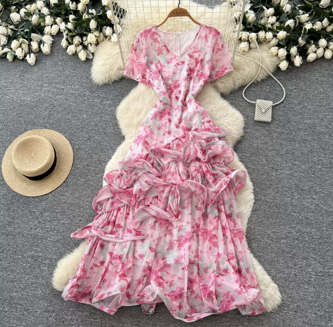 Floral Print V-Neck Ruffle Maxi Dress