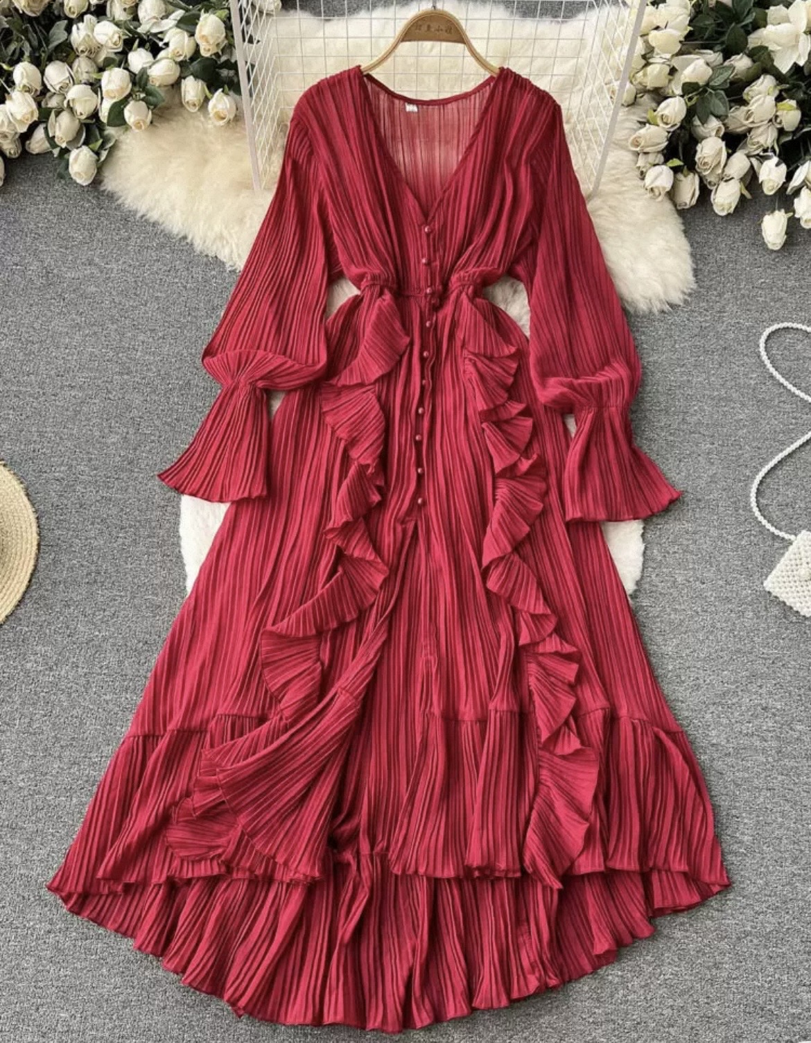 Pleated Ruffle Maxi Dress with Flared Sleeves - Image 3