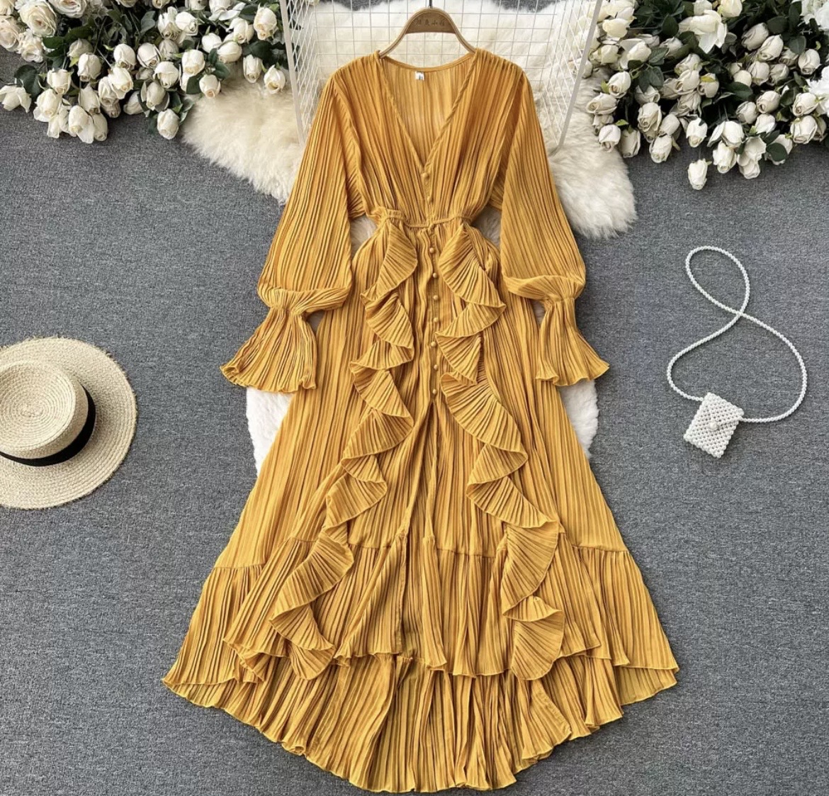 Pleated Ruffle Maxi Dress with Flared Sleeves - Image 2