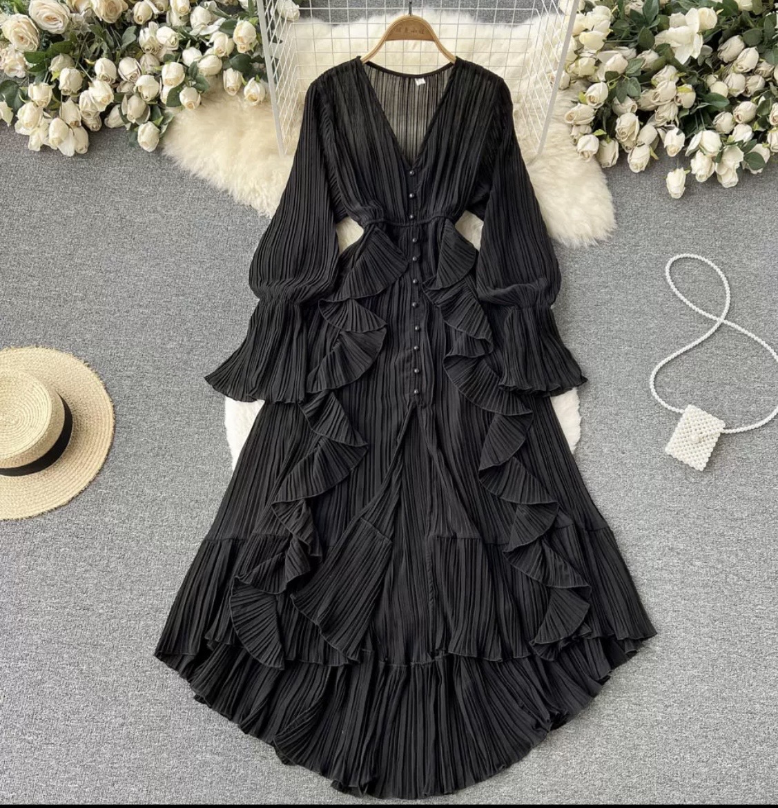 Pleated Ruffle Maxi Dress with Flared Sleeves - Image 4