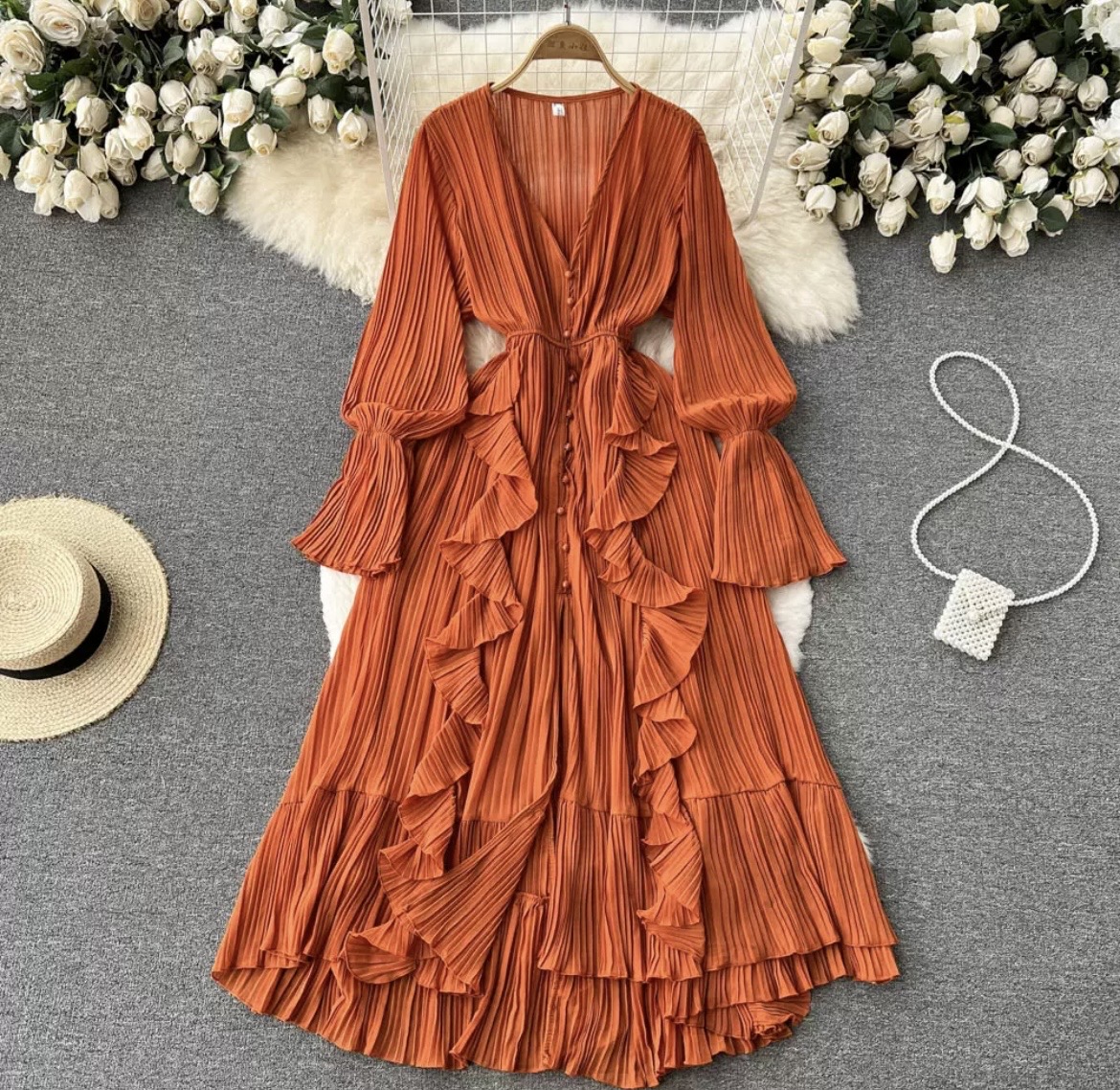Pleated Ruffle Maxi Dress with Flared Sleeves