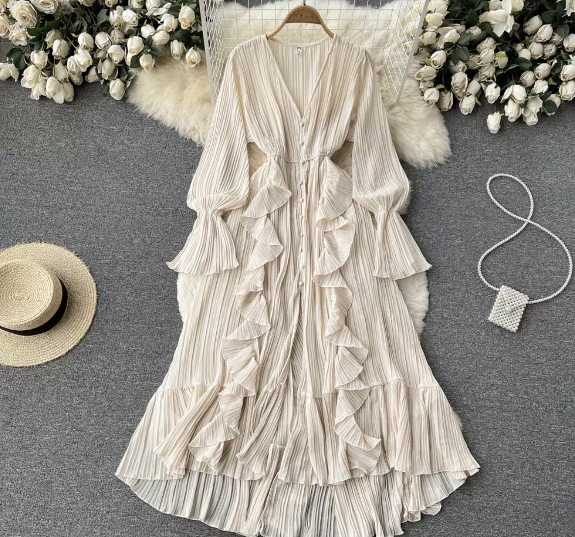 Pleated Ruffle Maxi Dress with Flared Sleeves - Image 5